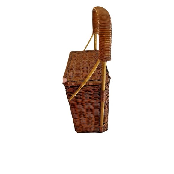 Vintage Coated Wicker Hinged Lidded Basket Stationary Handle Rectangle Storage - Picture 5 of 15